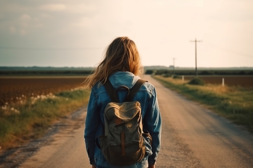 Woman with a backpack walking on an empty road - journey through life.